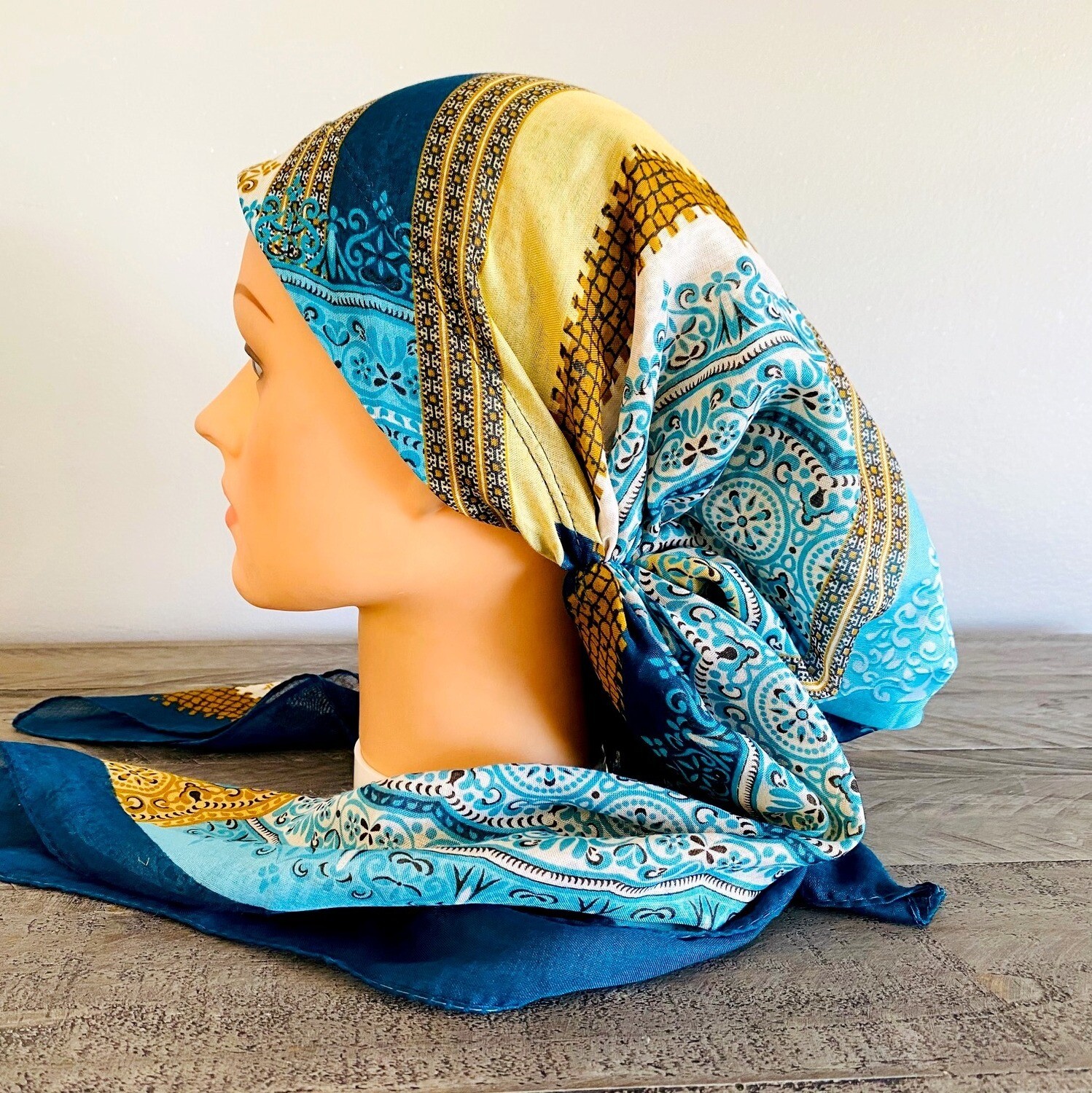 Teal and gold pretied Turkish Tichel
