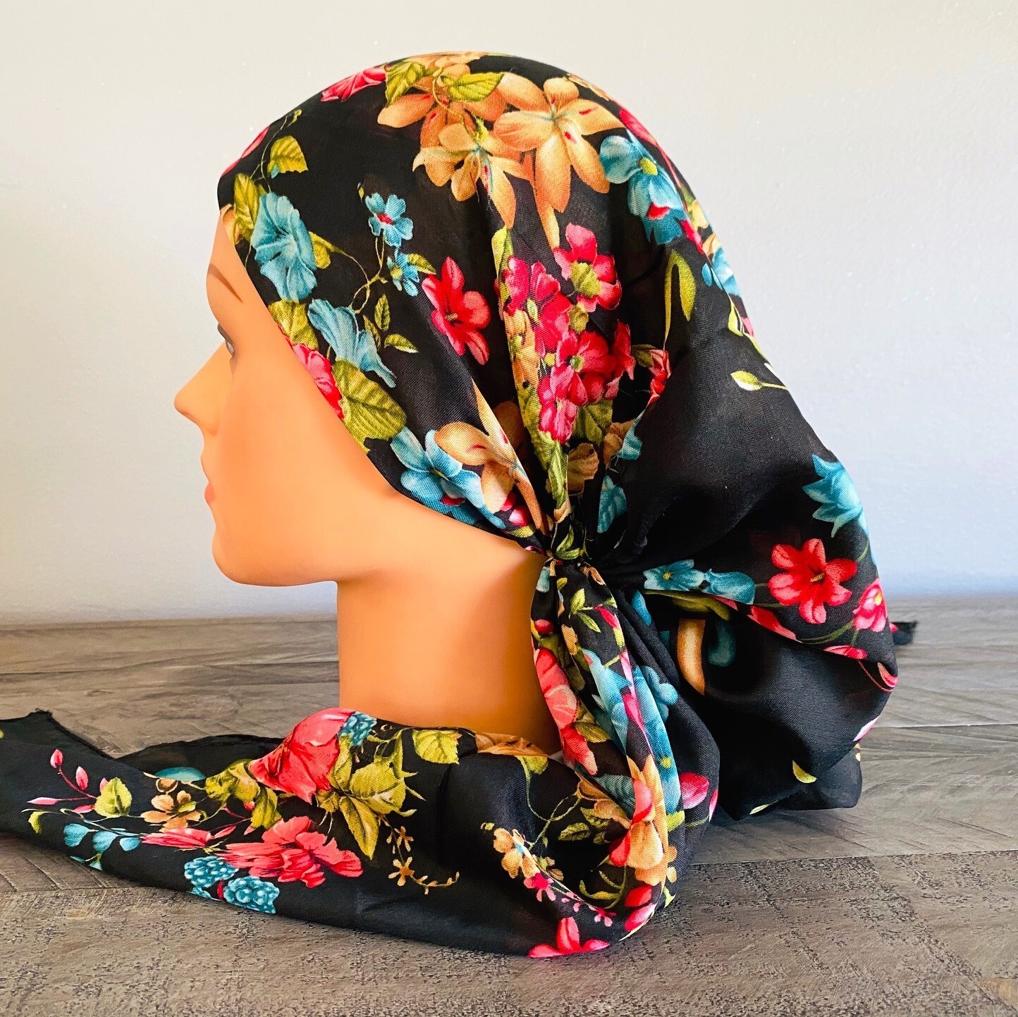 Black bright floral pretied Turkish Tichel