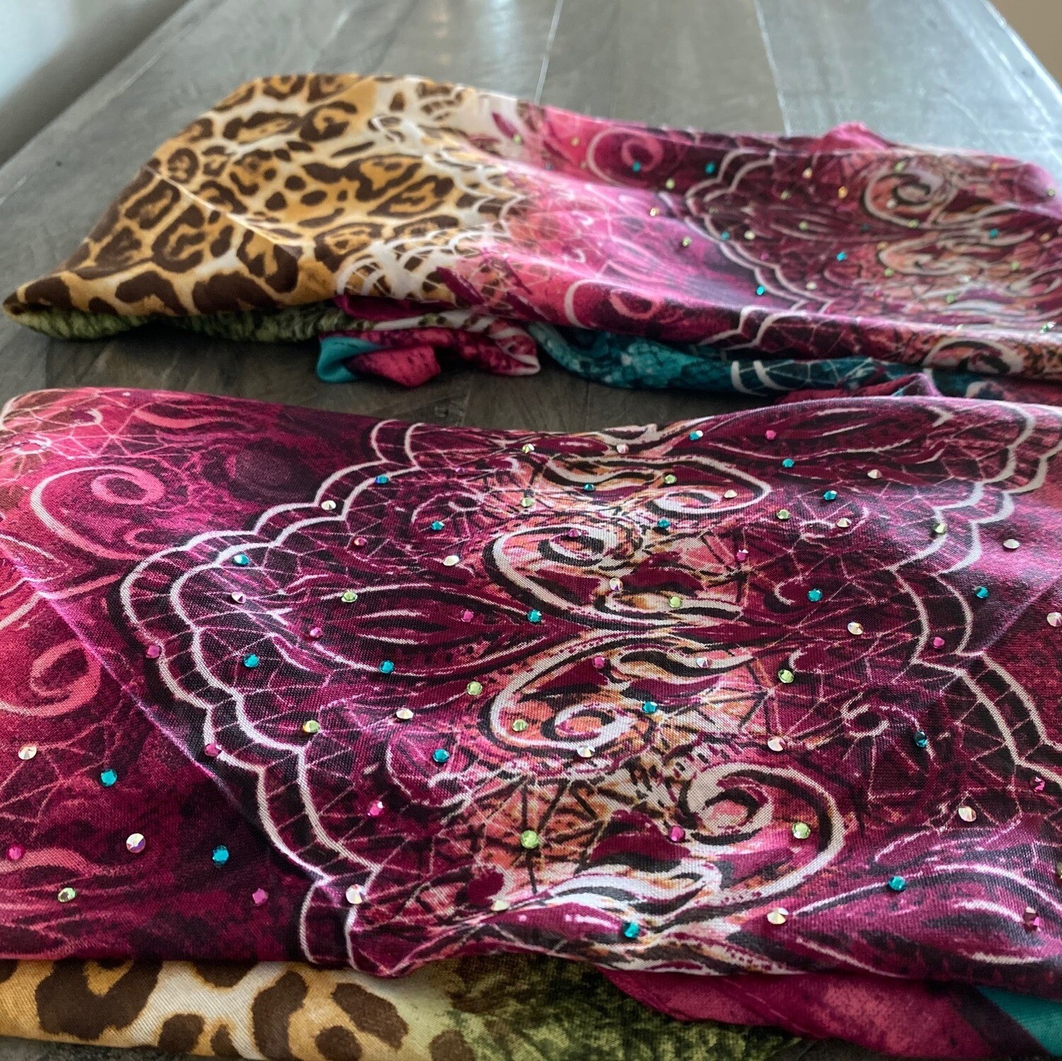 Raspberry  w/animal pattern hand decorated tichel