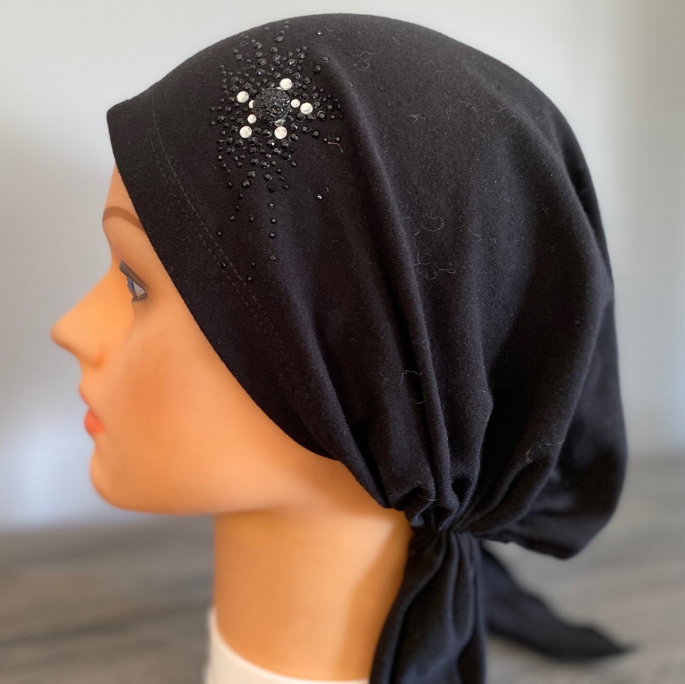Black pre tied tichel with minimal sparkly applique
