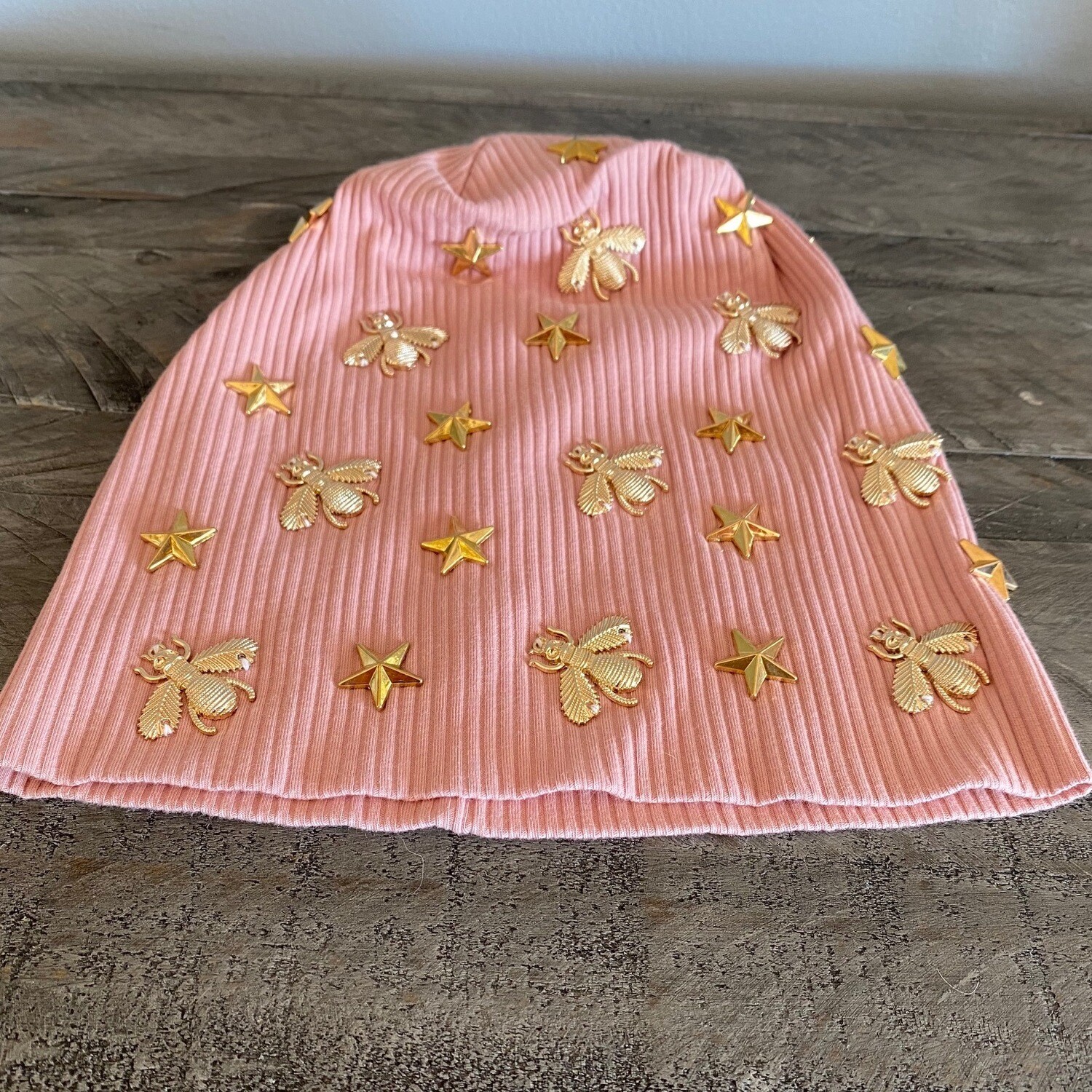 Blush ribbed super fancy beanie