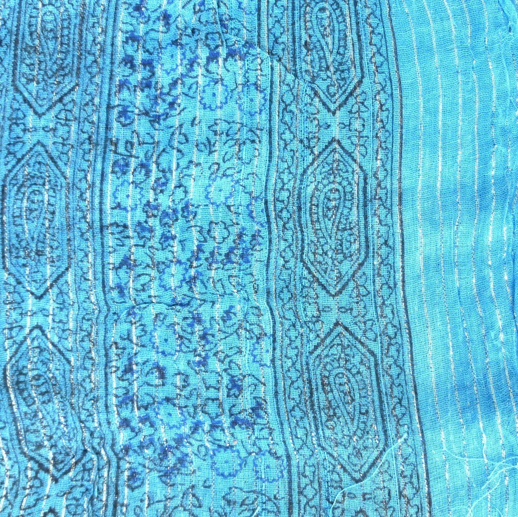 Ocean blue lurex tichel with blueberry flowers