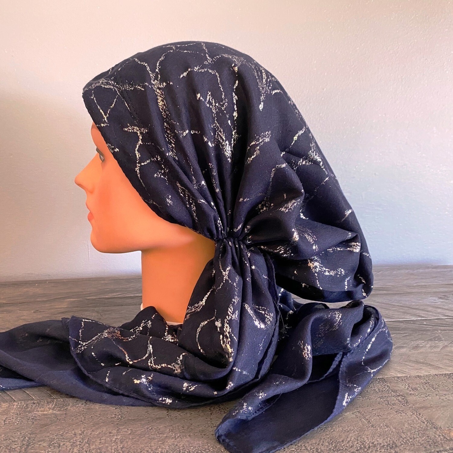 Navy/silver streaks pretied Turkish Tichel