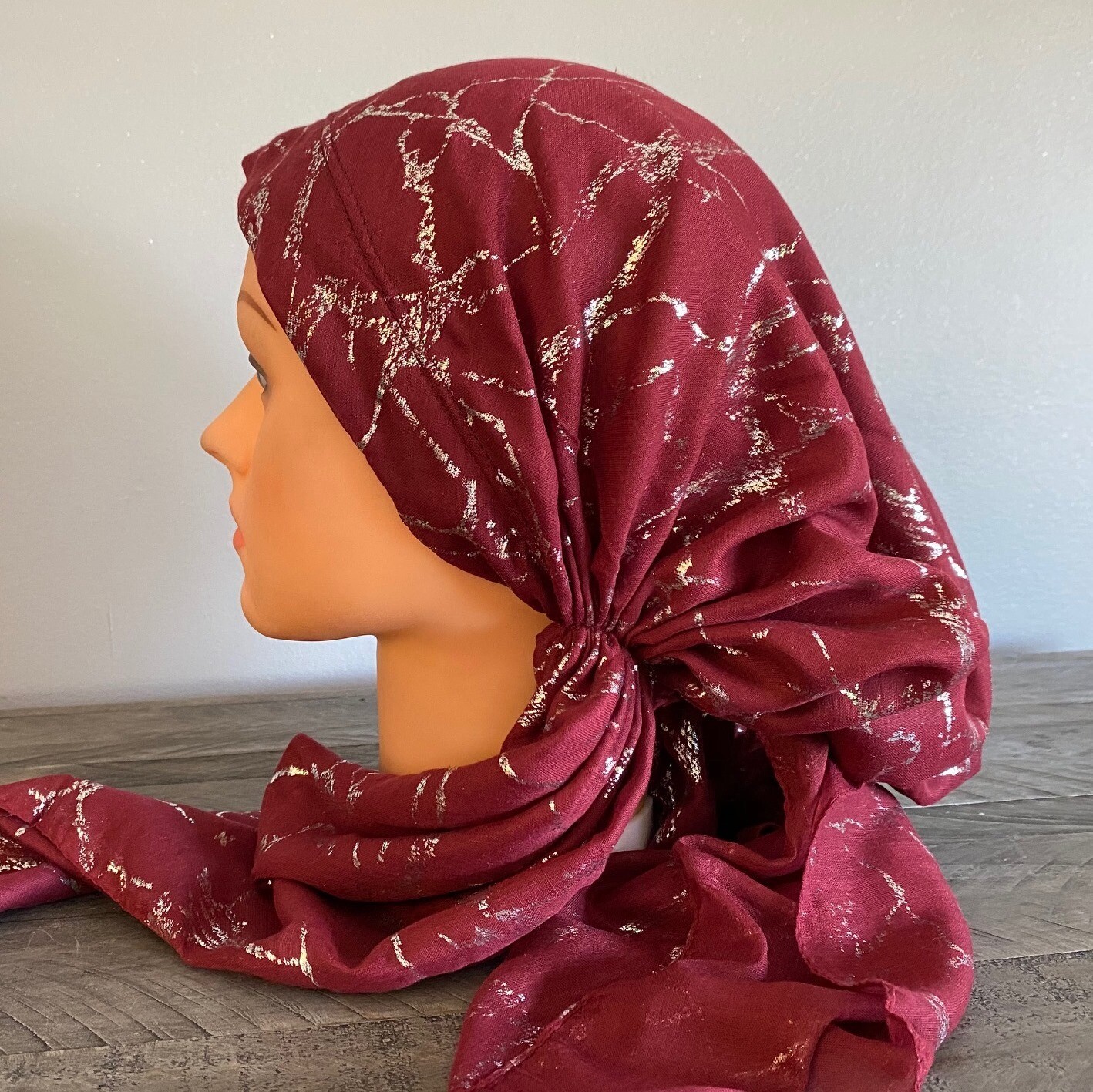 Maroon/silver streaks pretied Turkish Tichel