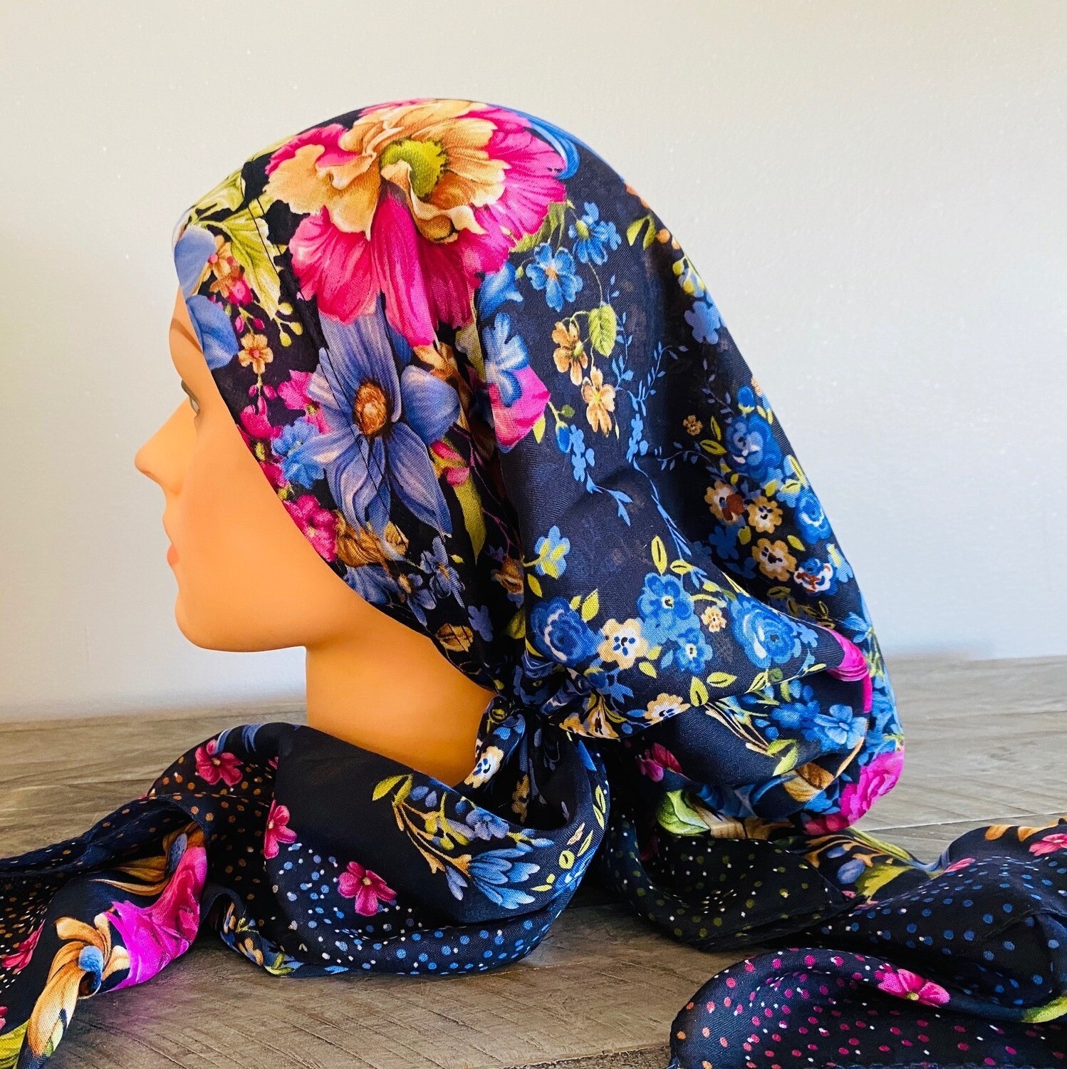 Navy w/pretty flowers pretied Turkish Tichel