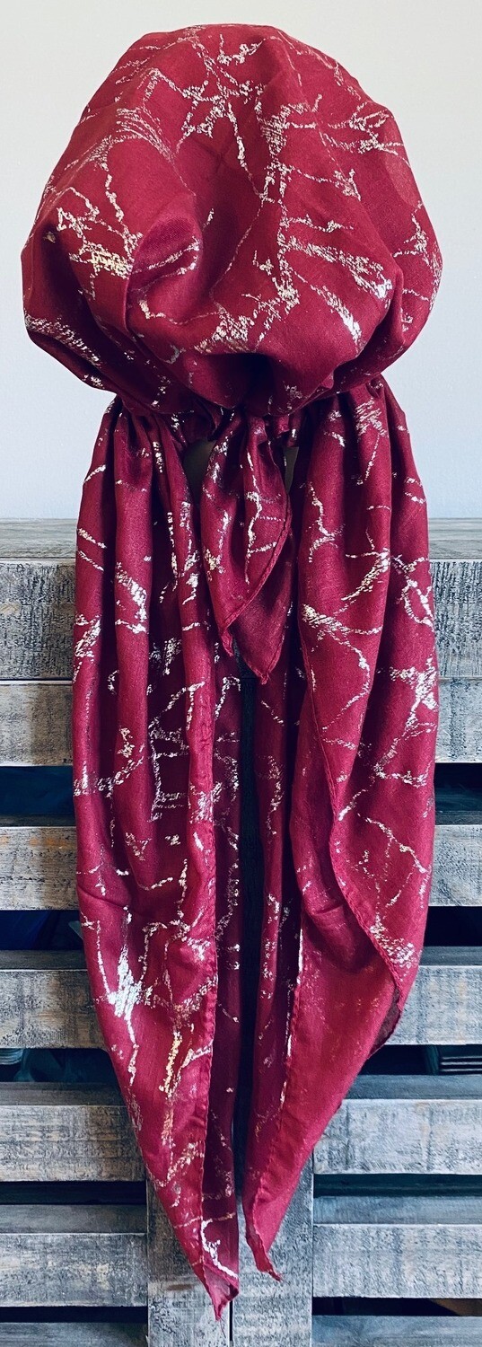 Maroon/silver streaks pretied Turkish Tichel