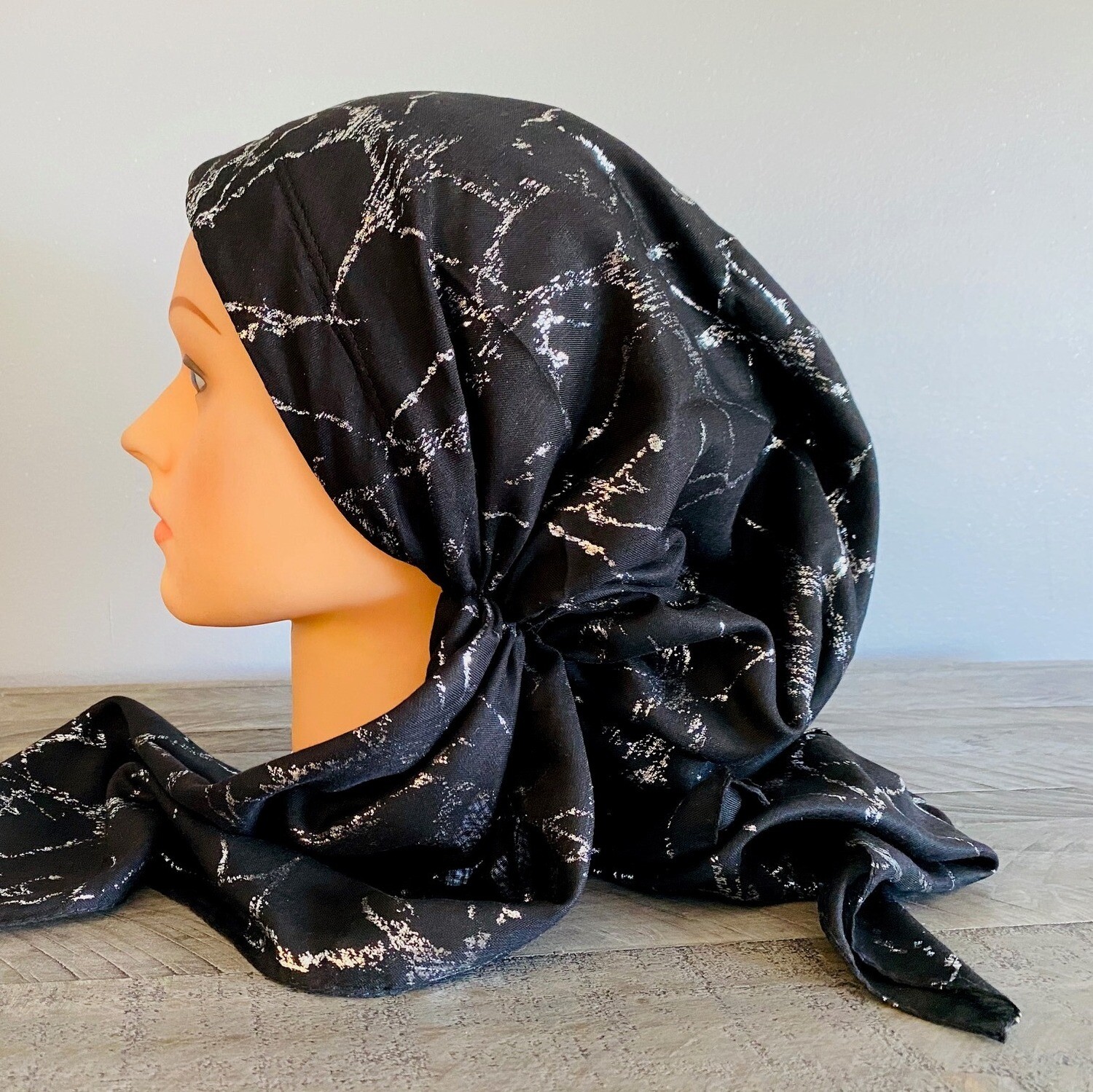 Black/silver streaks pretied Turkish Tichel