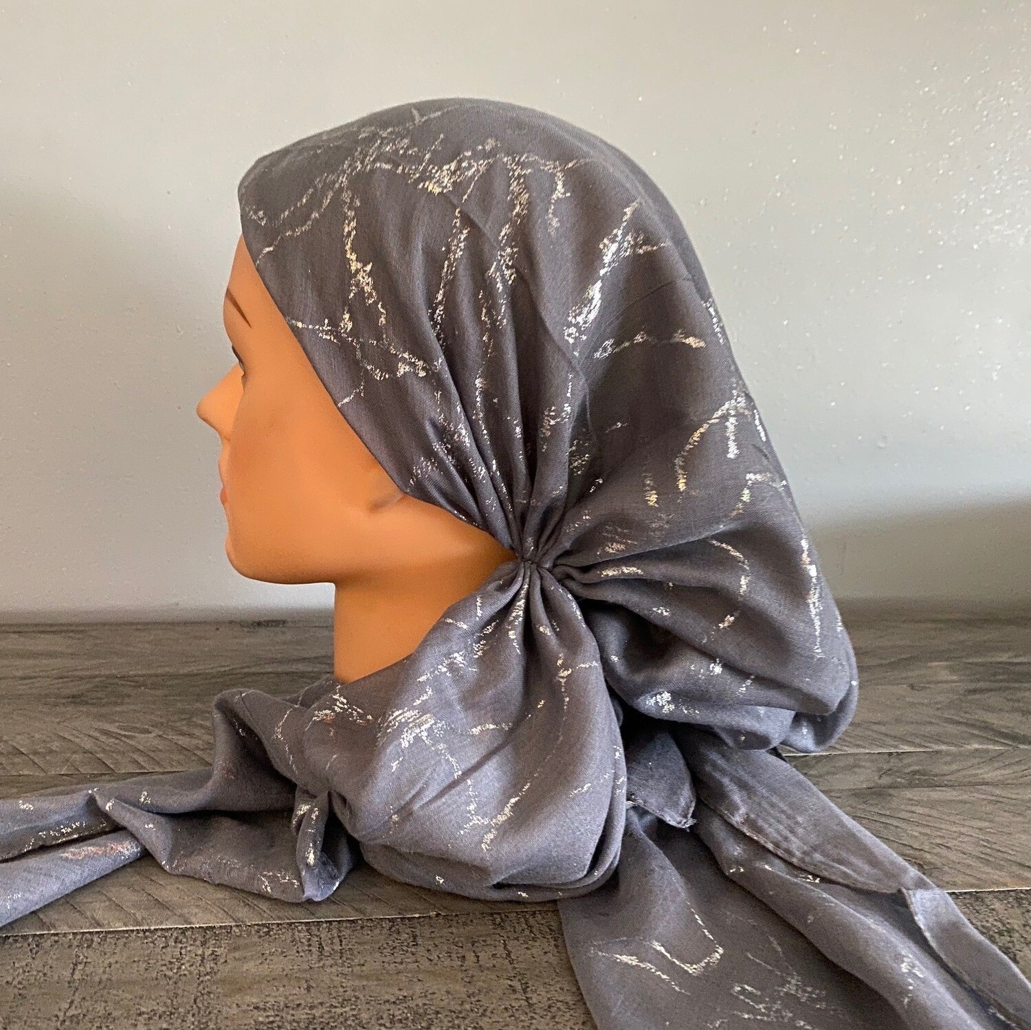 Medium gray/silver streaks pretied Turkish Tichel
