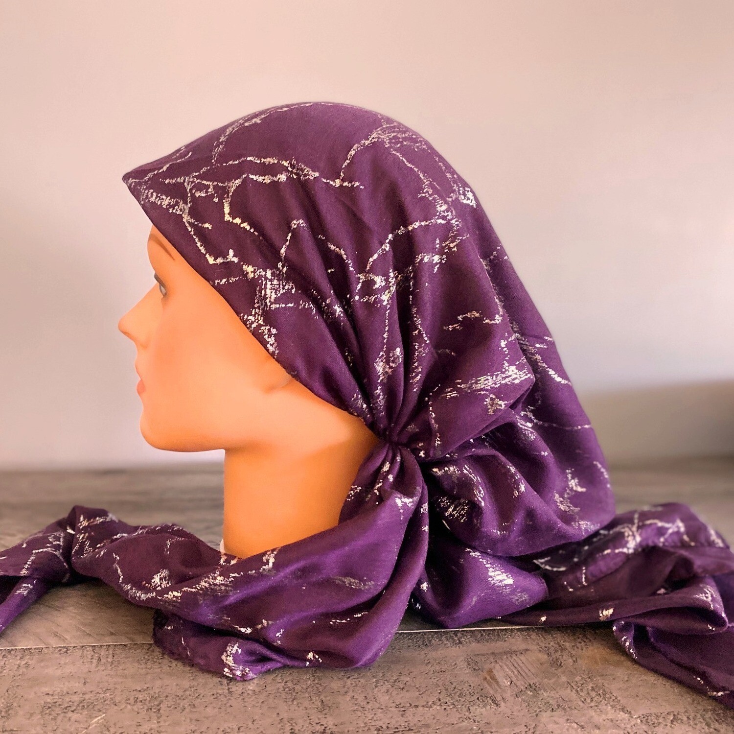 Purple/silver streaks Pretied Turkish Tichel