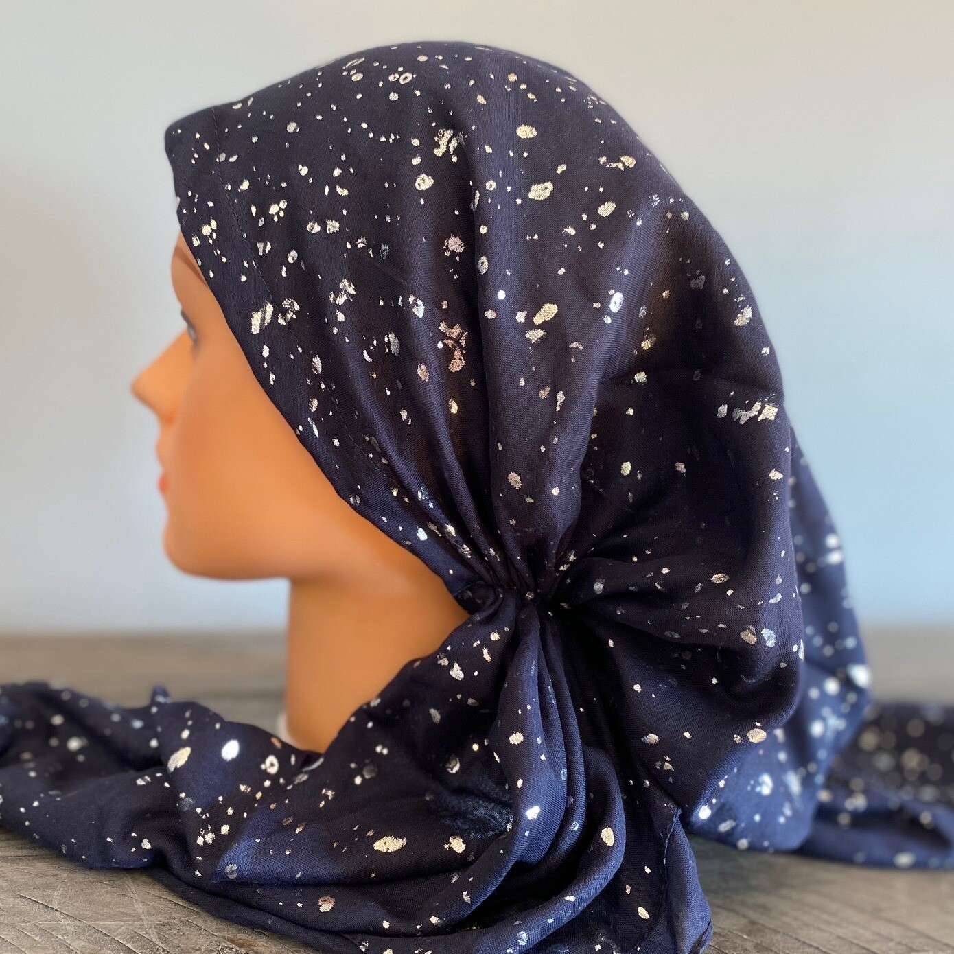 Navy/silver - paint splatter pre-tied tichel