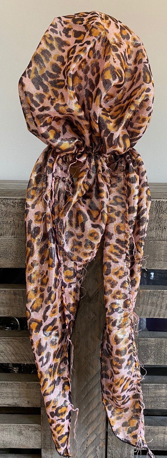 Pink leopard print shimmer pretied tichel