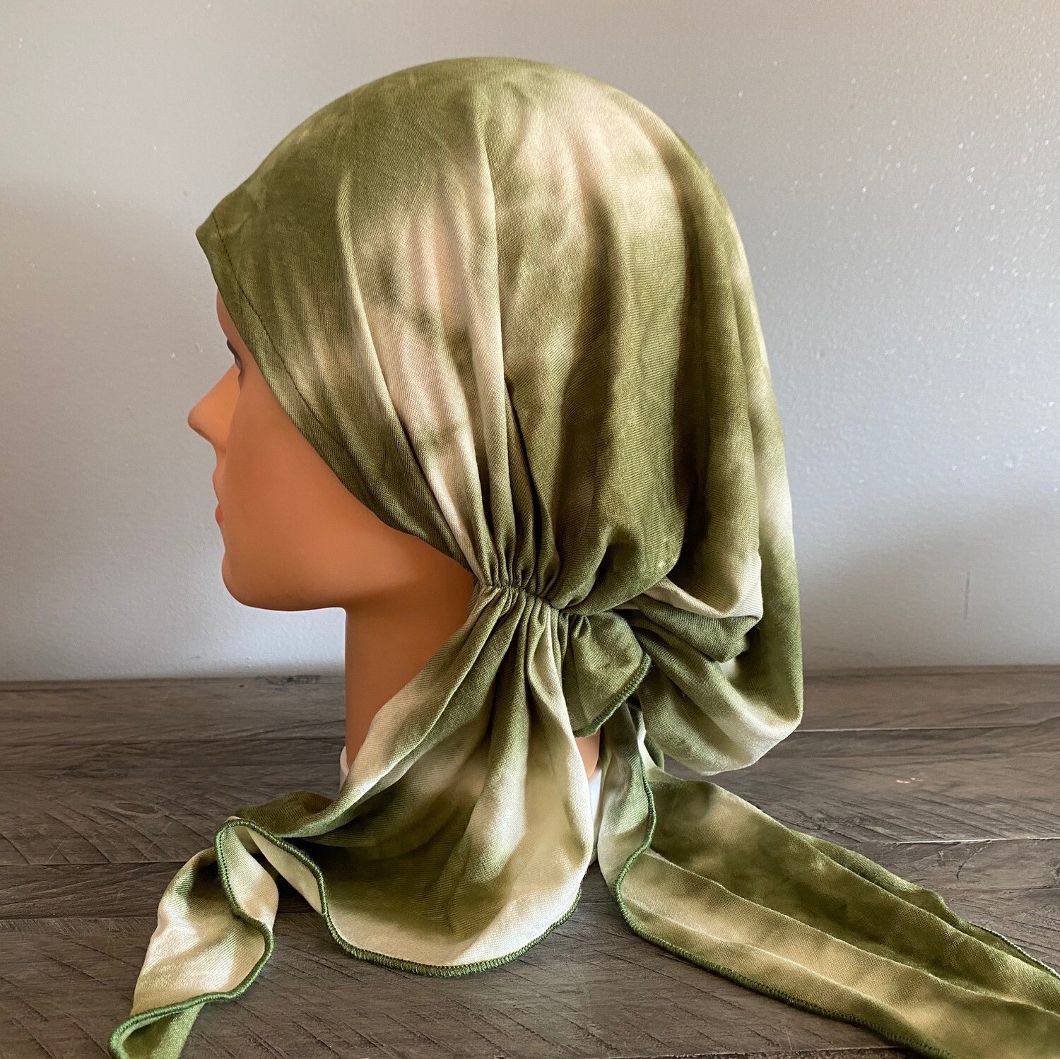 Olive tie dyed pre- tied tichel