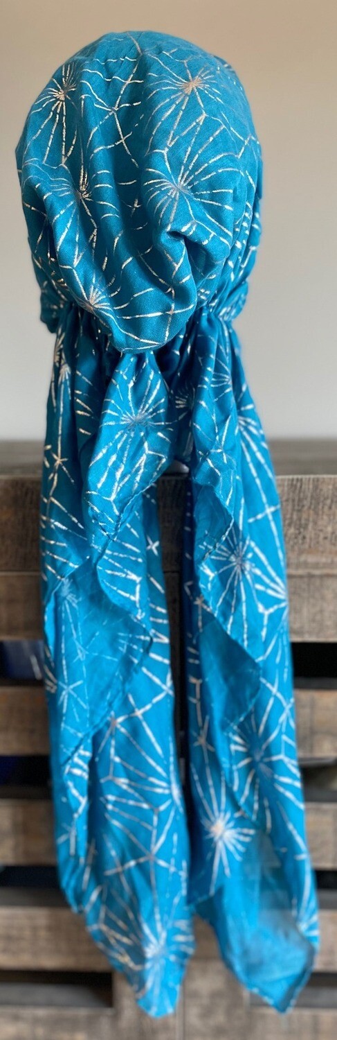 Turquoise/silver - metallic streaks pre-tied tichel