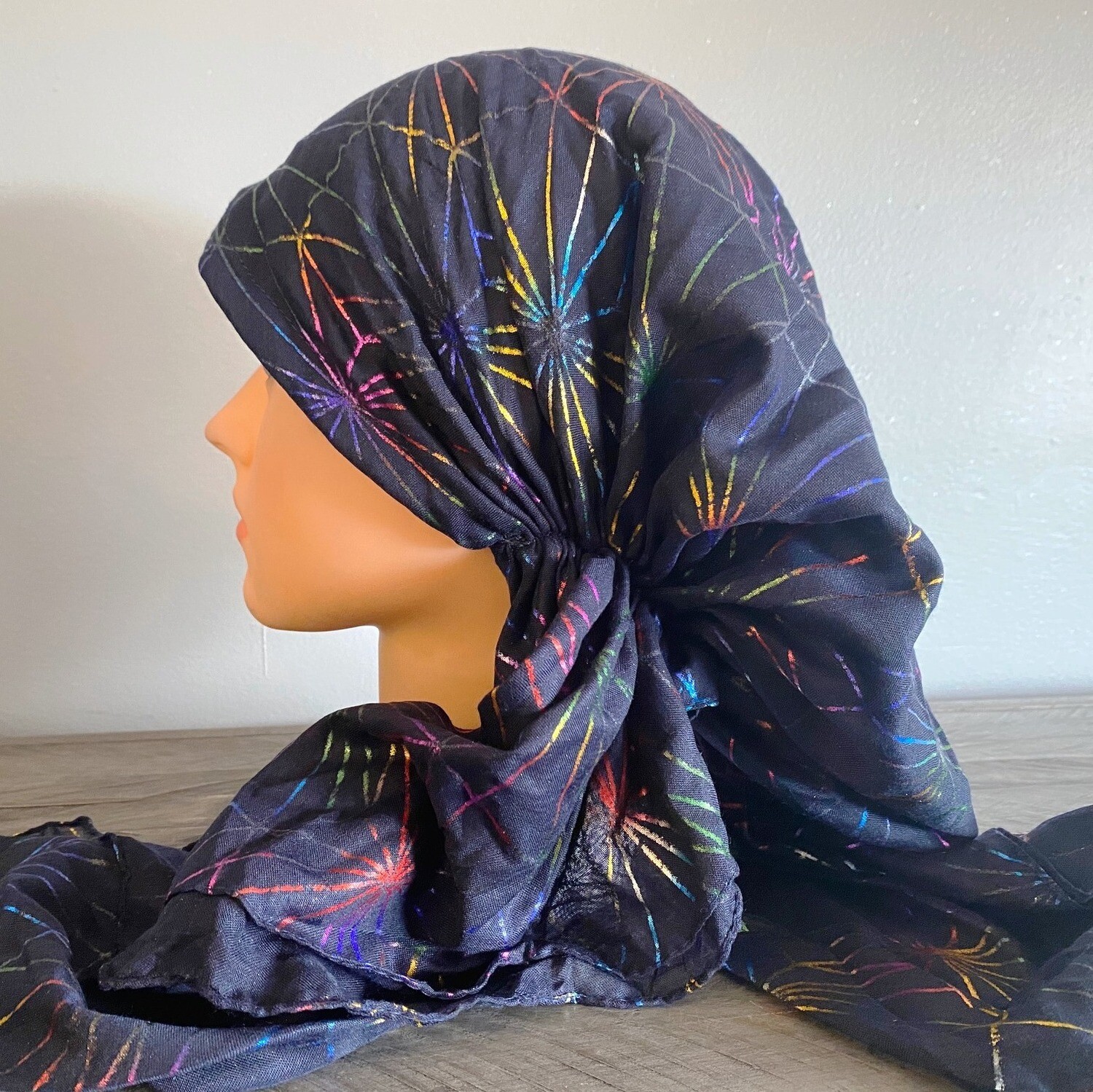 Navy/colorful - metallic streaks pre-tied tichel