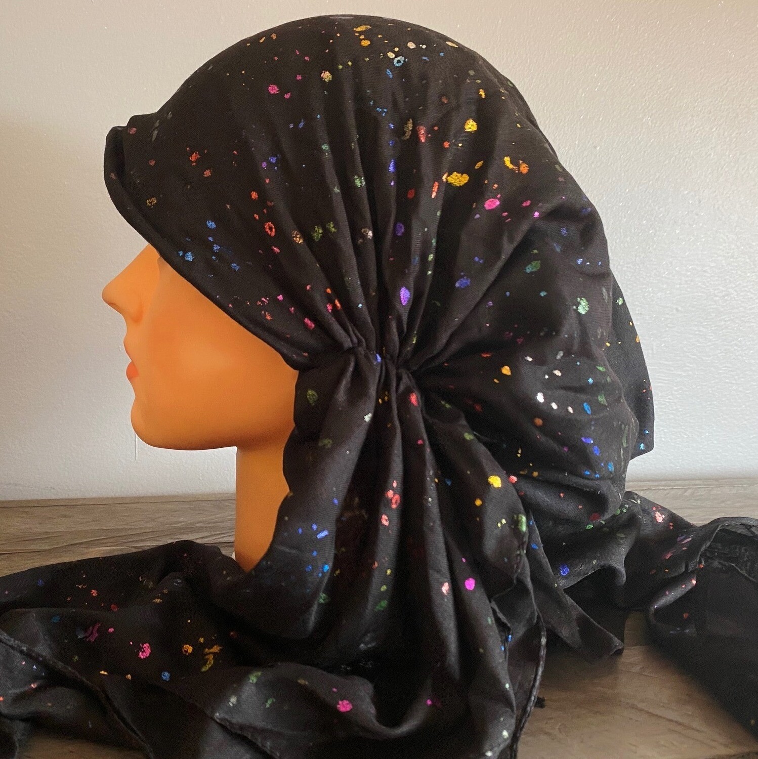 Black/colorful - paint splatter pre-tied tichel