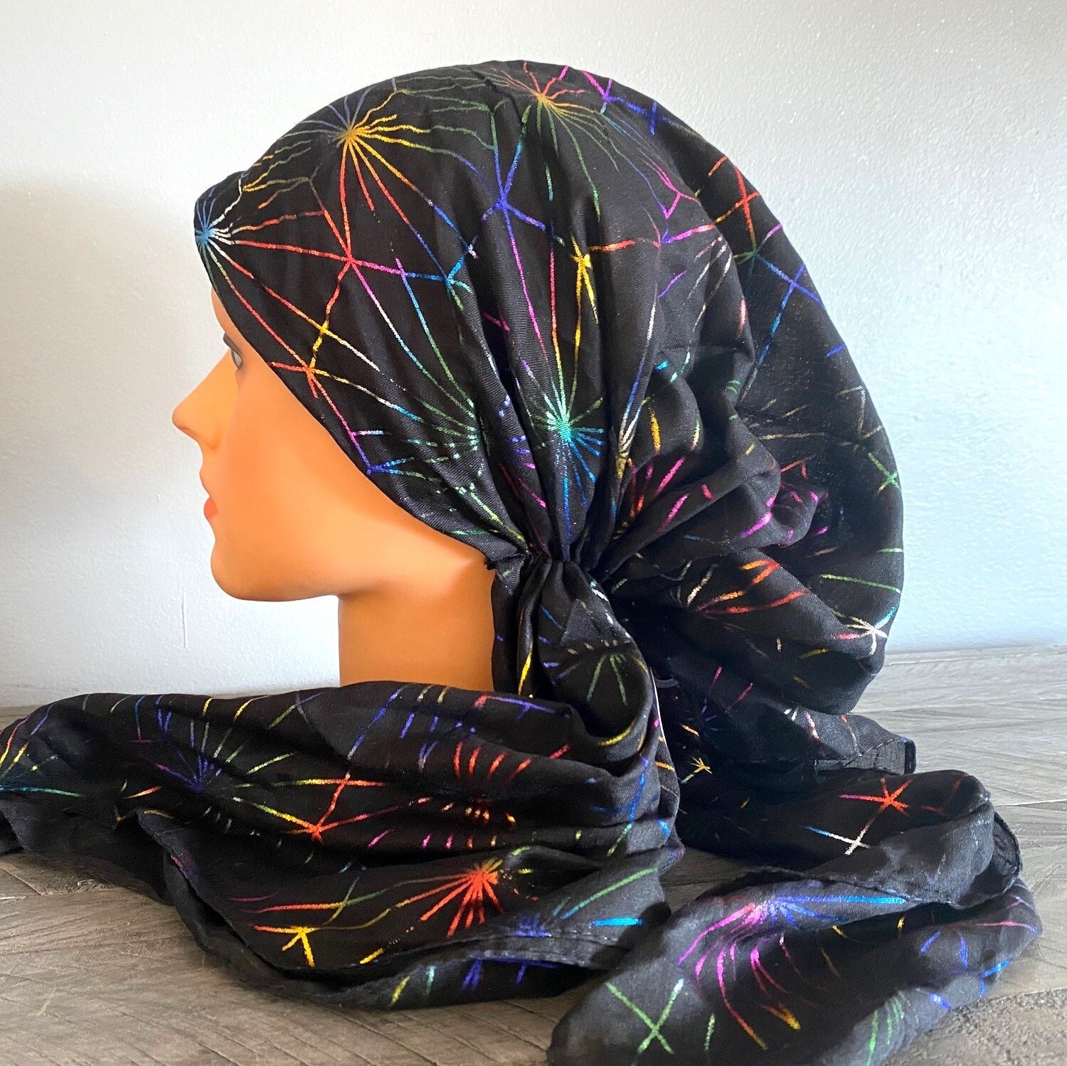 Black/colorful - metallic streaks pre-tied tichel