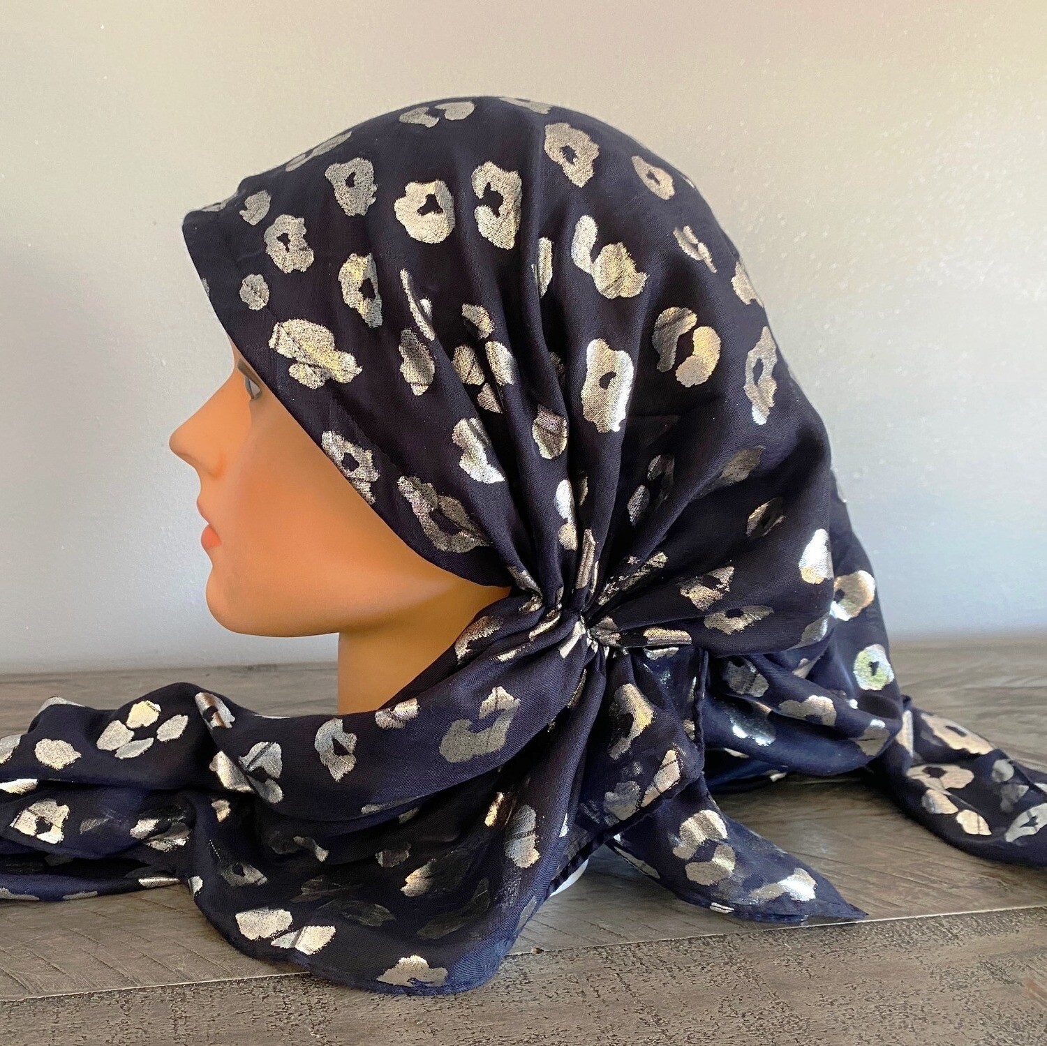 Navy/silver - leopard print pre-tied tichel