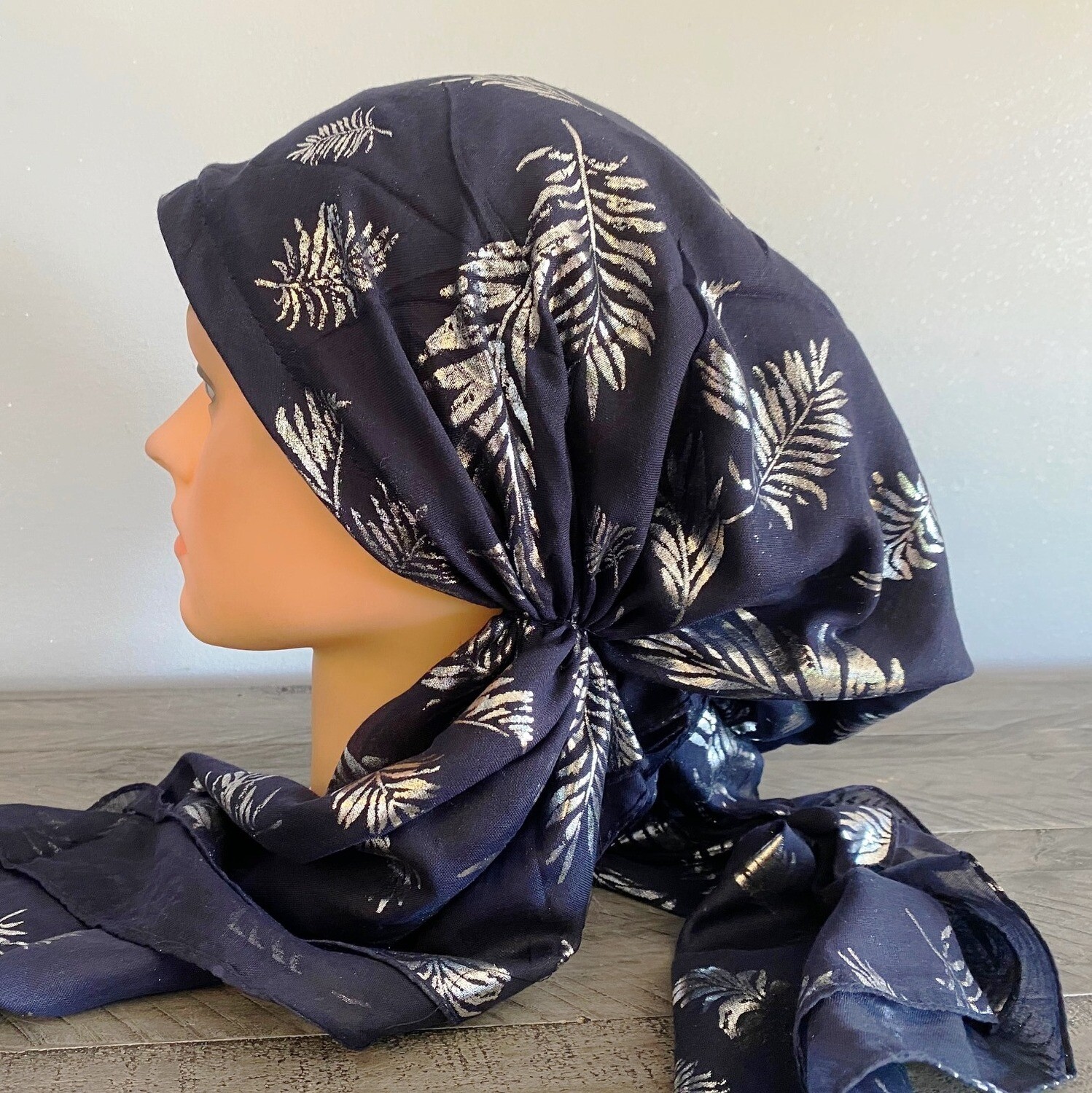 Navy/silver -leaves pattern pre-tied tichel (larger size)