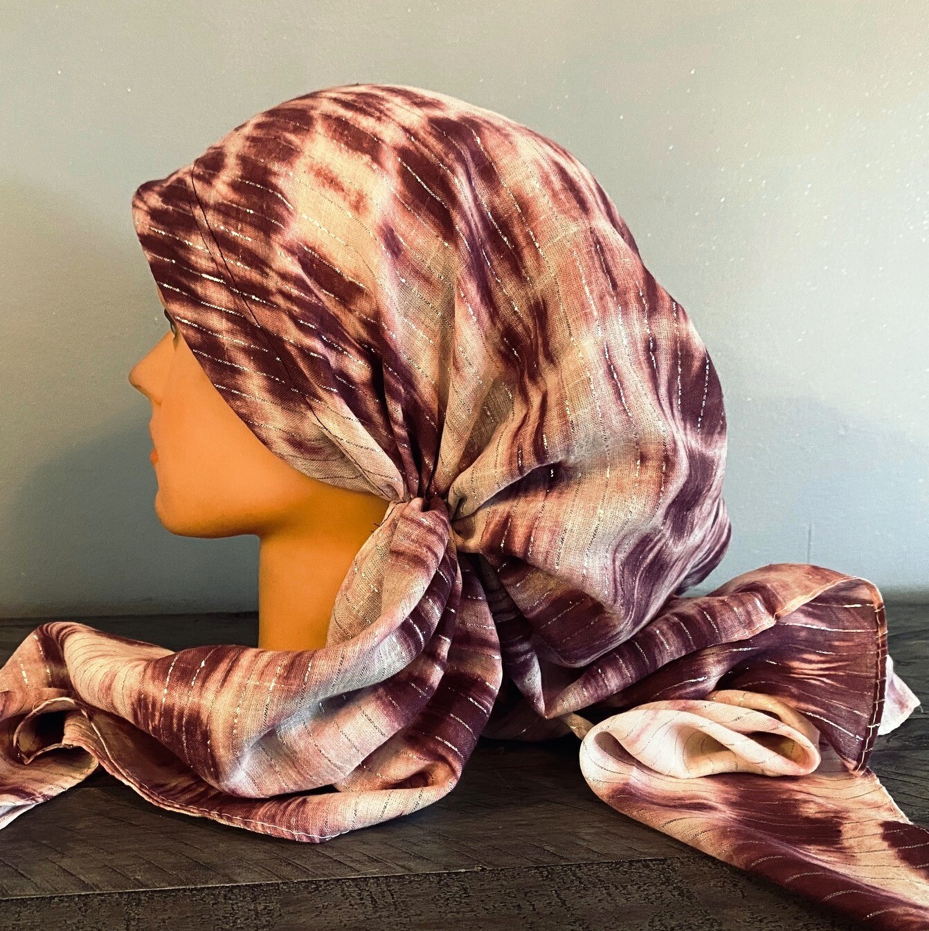 Raspberry tie dyed long back pre-tied kerchief w/band sewn in