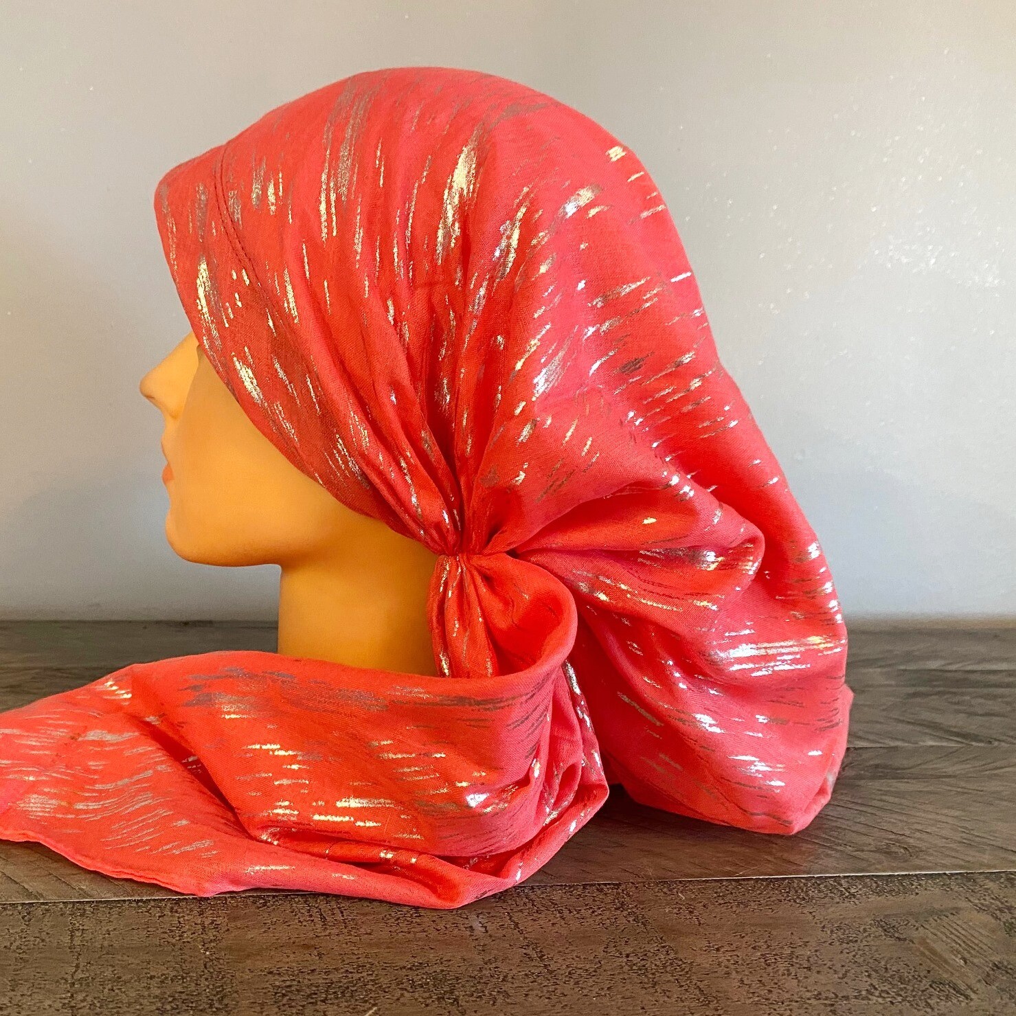 Coral silver metallic streaks long back pre-tied kerchief w/band sewn in
