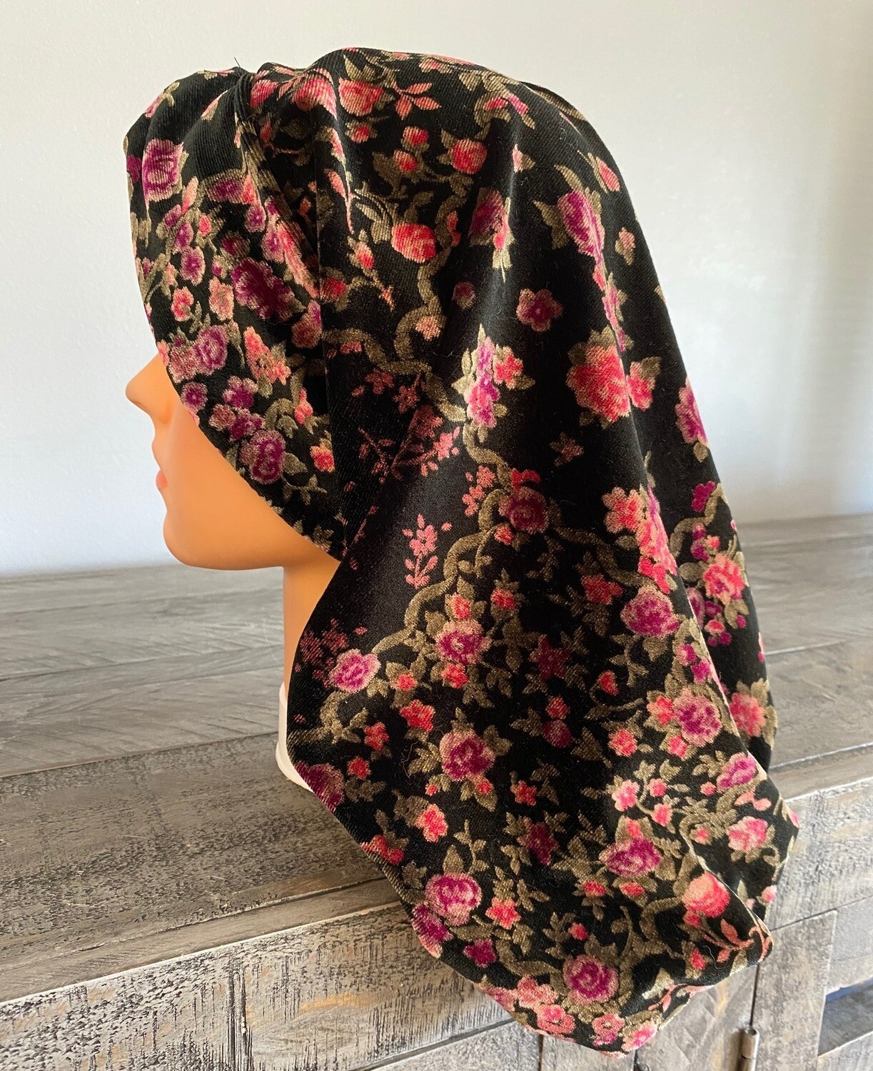 Black velvet knot snood all floral