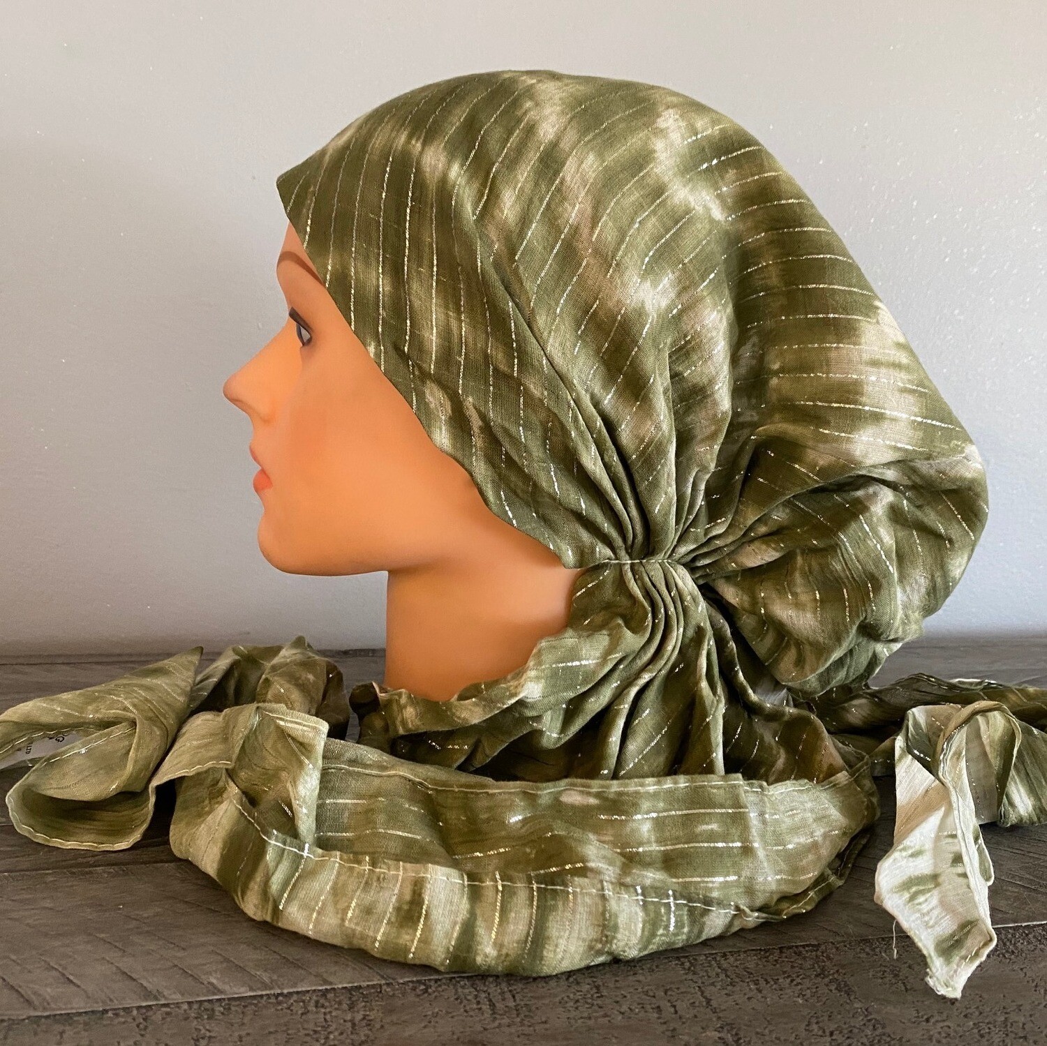 Pre tied tichel olive tie dyed