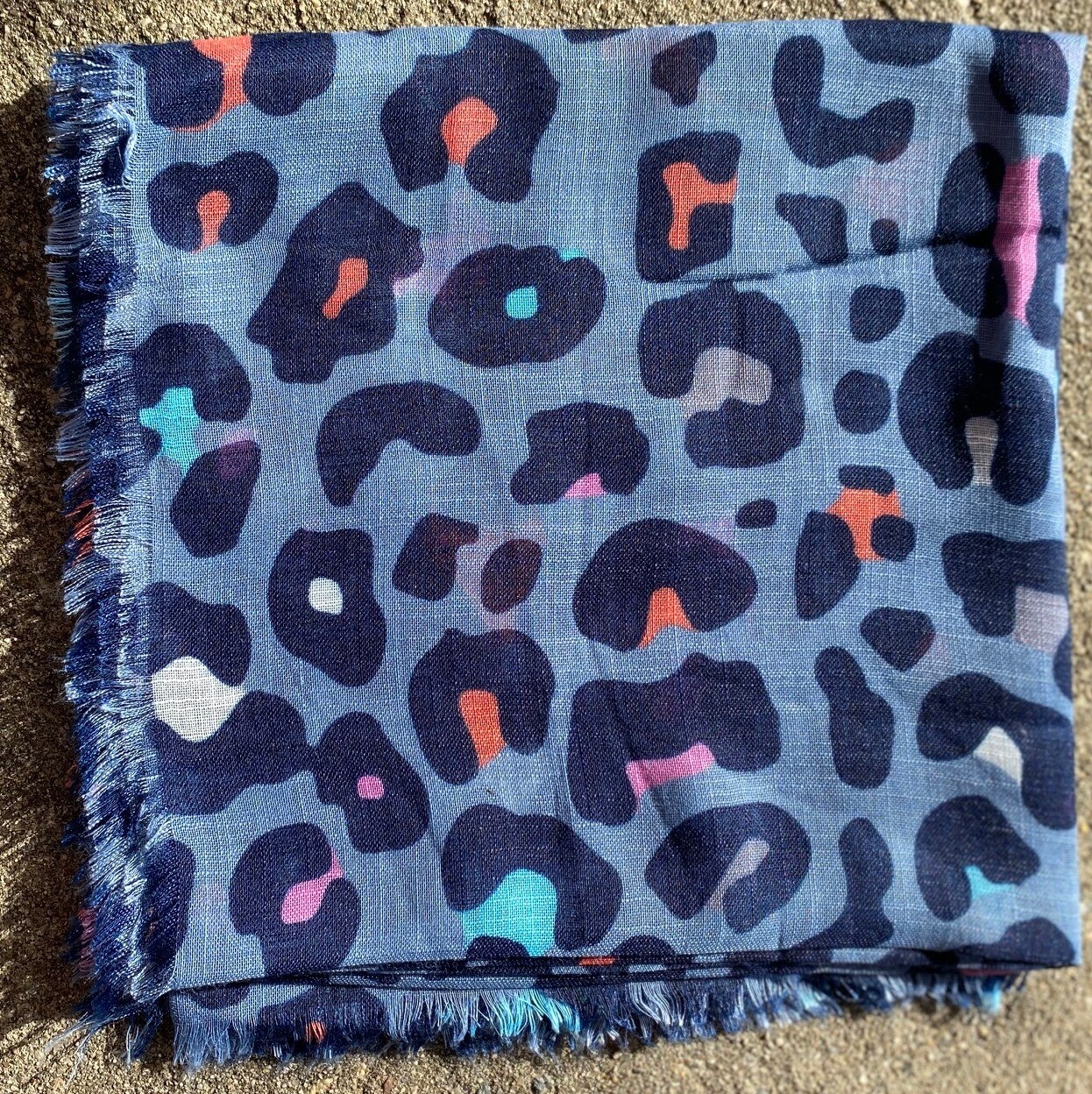 Denim blue leopard fringed tichel