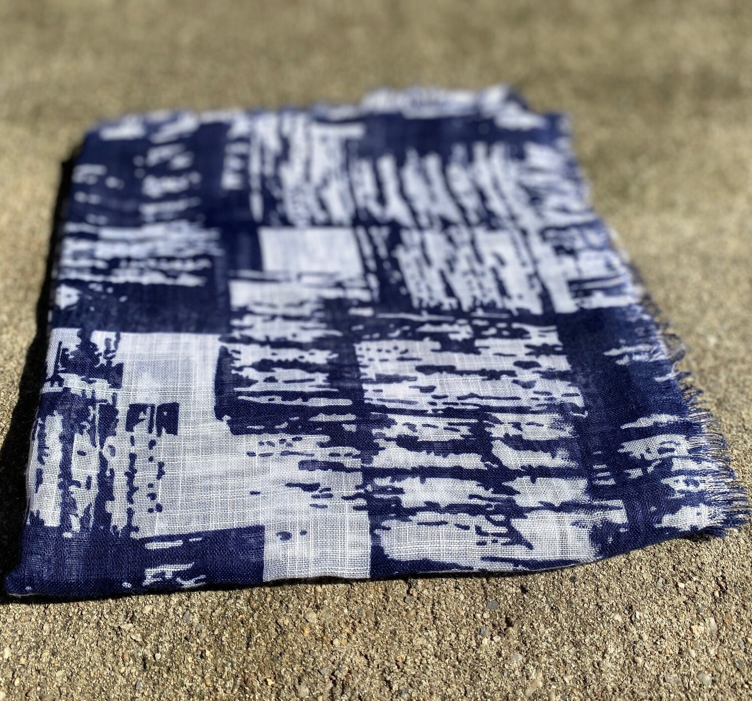 Navy patterned fringed tichel