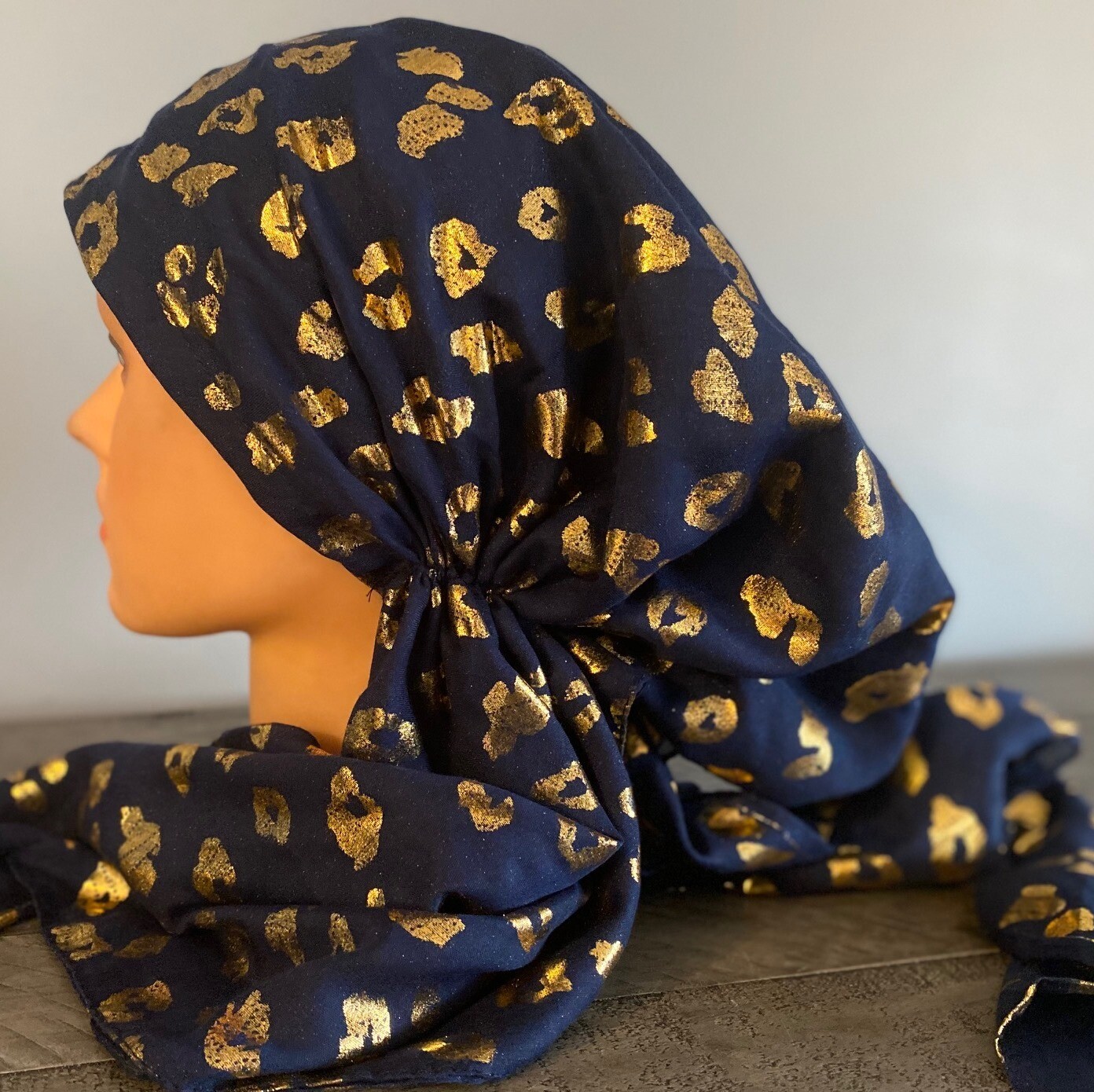Navy/gold- leopard print pre-tied tichel w/band sewn in (BBS)