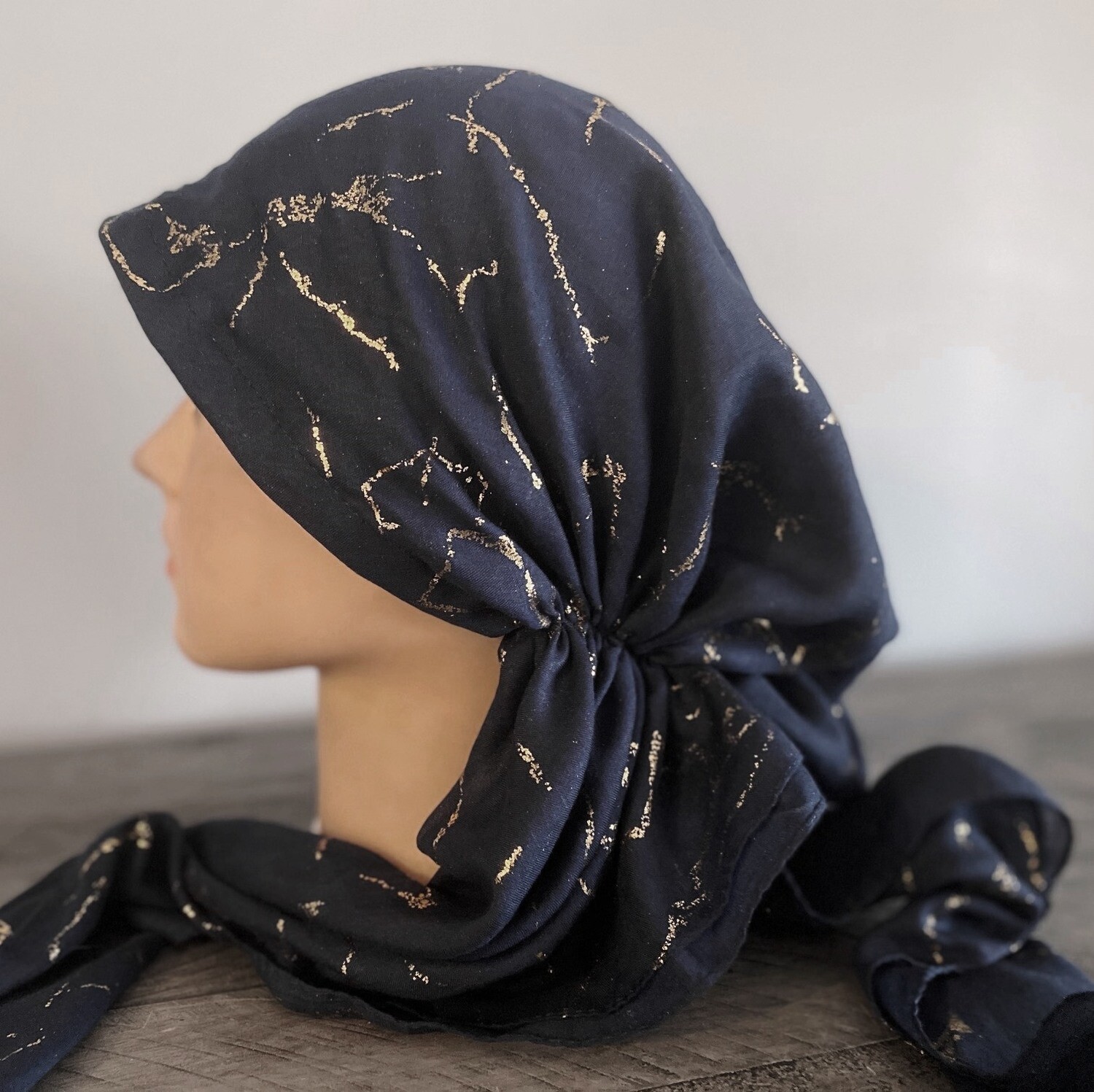 Navy/silver - marbled pre-tied tichel