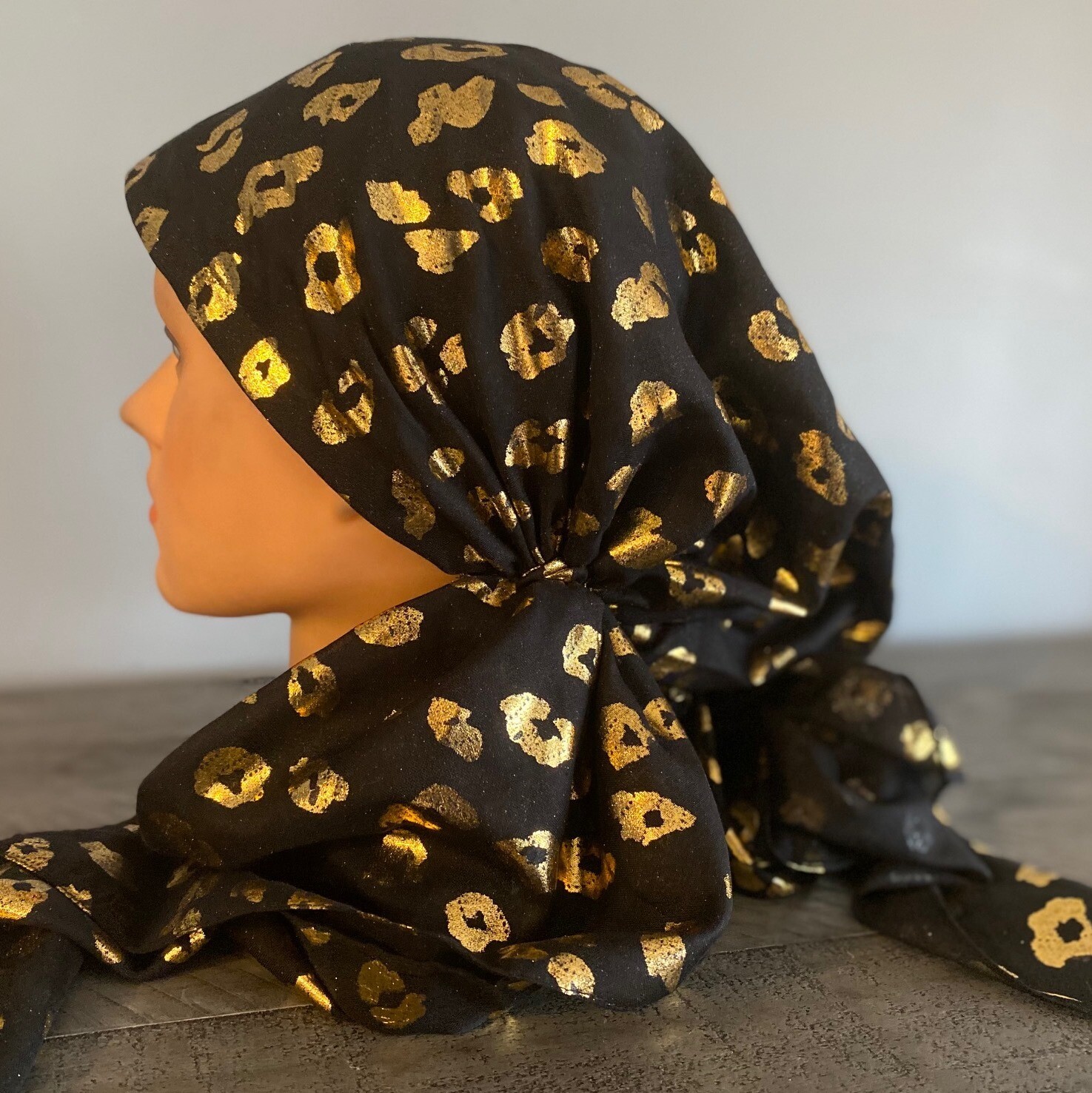 Black/gold- leopard print pre-tied tichel