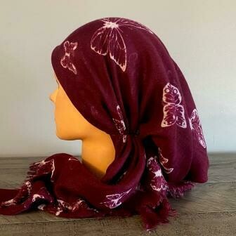 Deep wine butterfly - soft fringes pretied tichel