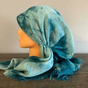 Sea green (darker) tie dyed - soft fringes pretied tichel w/band sewn in (BBS)