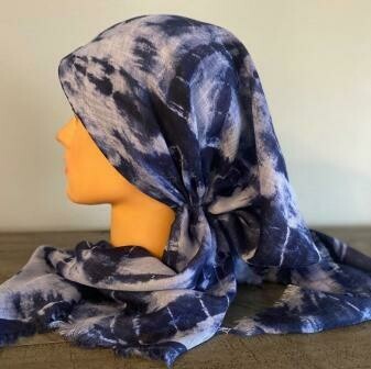 Blue/blue circular pattern tie dyed - soft fringes pretied tichel