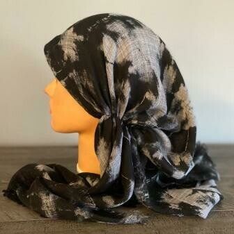 Black circular pattern tie dyed - soft fringes pretied tichel