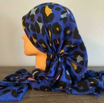 Blue leopard  - soft fringes pretied tichel
