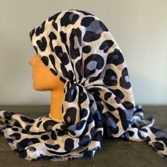 White/blue leopard  - soft fringes pretied tichel