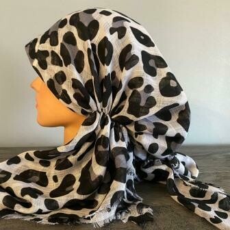 Off white/gray leopard  - soft fringes pretied tichel