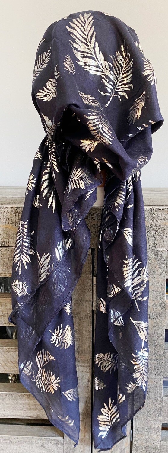 Navy/silver -leaves pattern pre-tied tichel