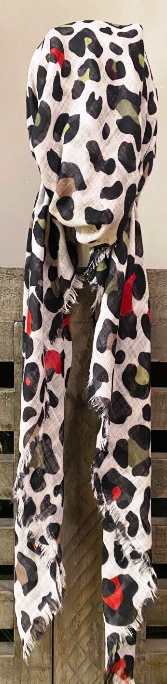 White/colorful leopard  - soft fringes pretied tichel