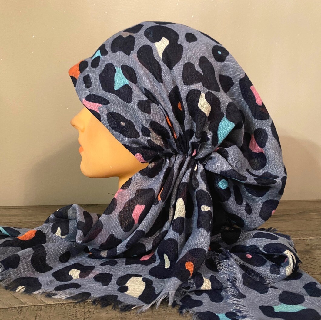 Denim/colorful leopard  - soft fringes pretied tichel