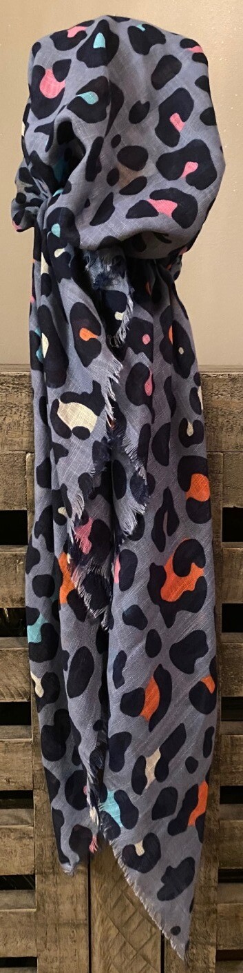 Denim/colorful leopard  - soft fringes pretied tichel