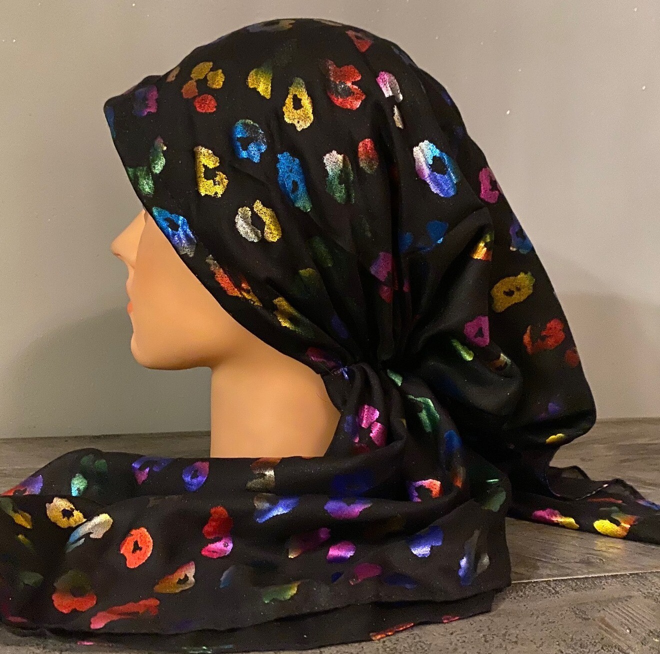 Black colorful - leopard print pre-tied tichel
