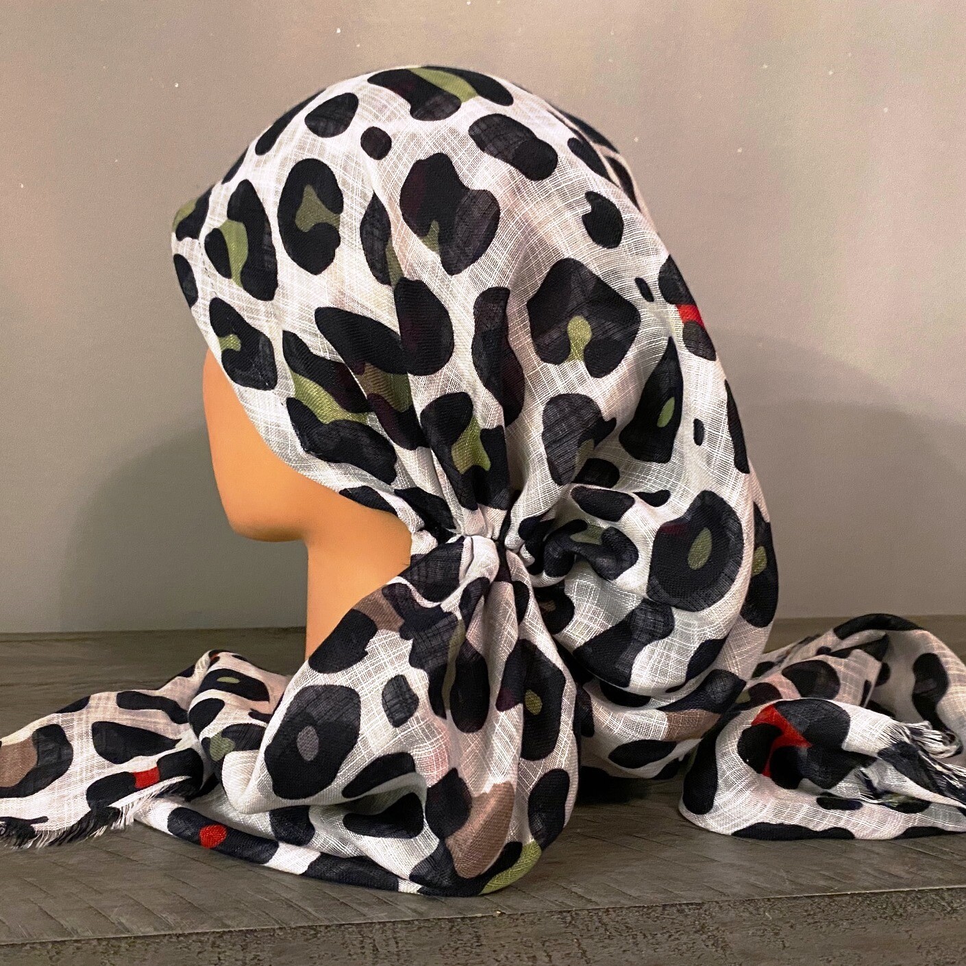 White/colorful leopard  - soft fringes pretied tichel