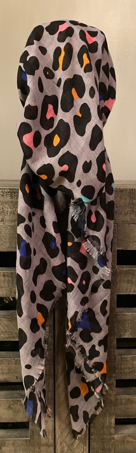 Gray/colorful leopard  - soft fringes pretied tichel