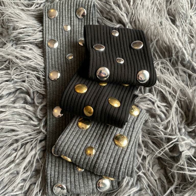 Narrow ribbed flat headbands w/gold metallic stones