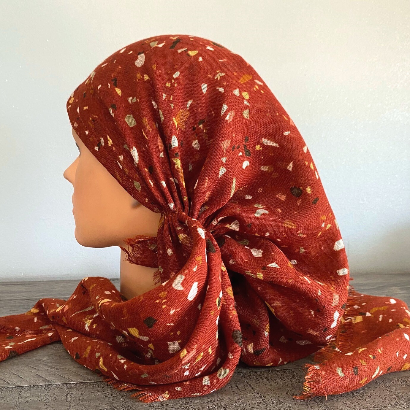 Burnt orange splatter - soft fringes pretied tichel