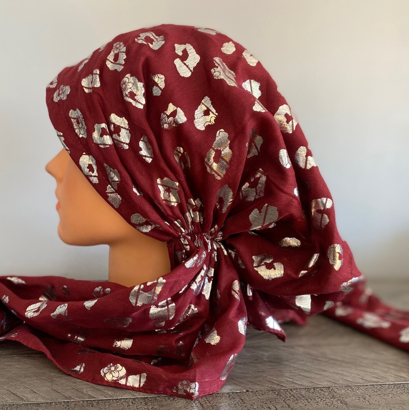 Maroon/silver - leopard print pre-tied tichel