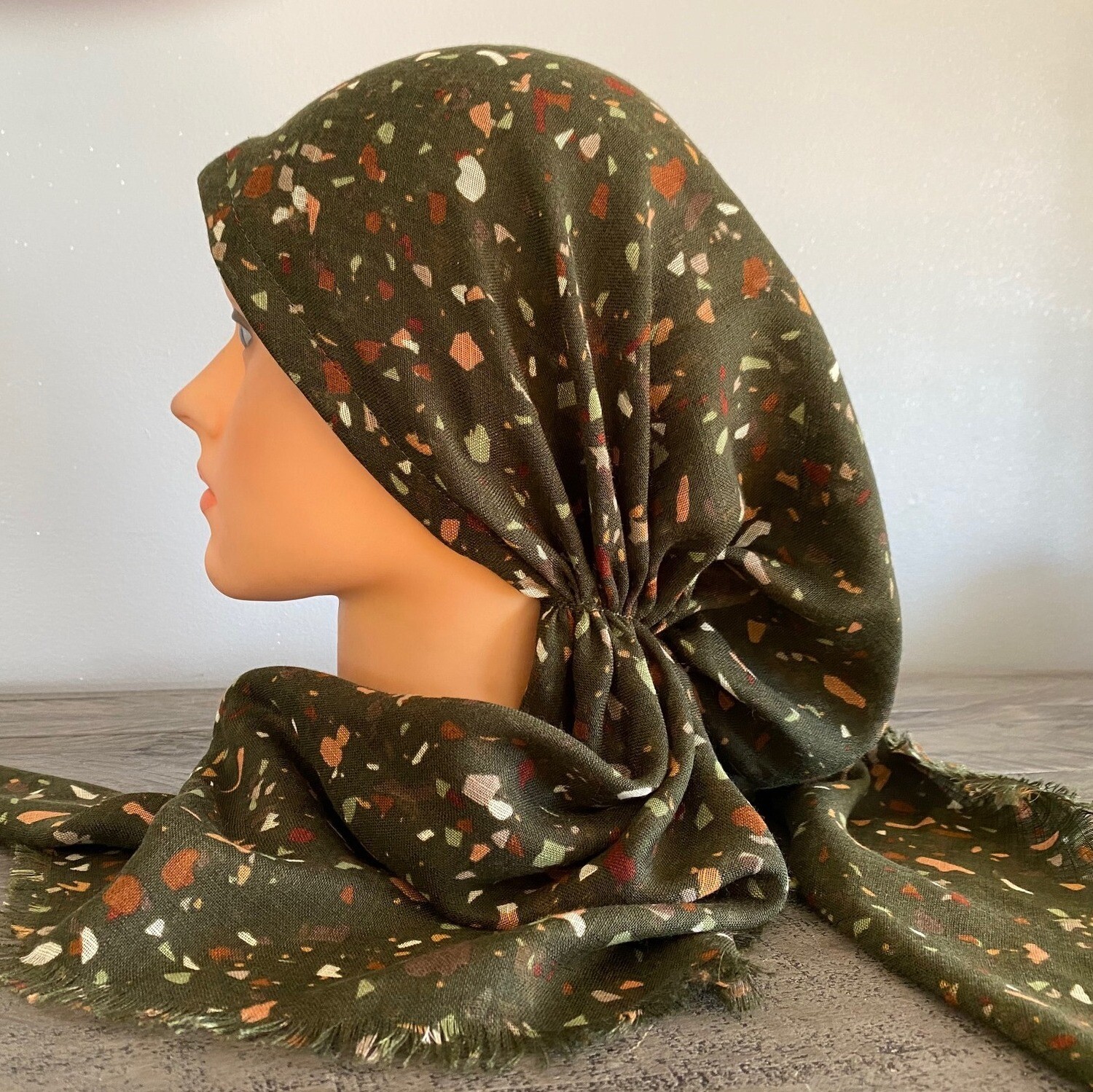 Army green splatter - soft fringes pretied tichel
