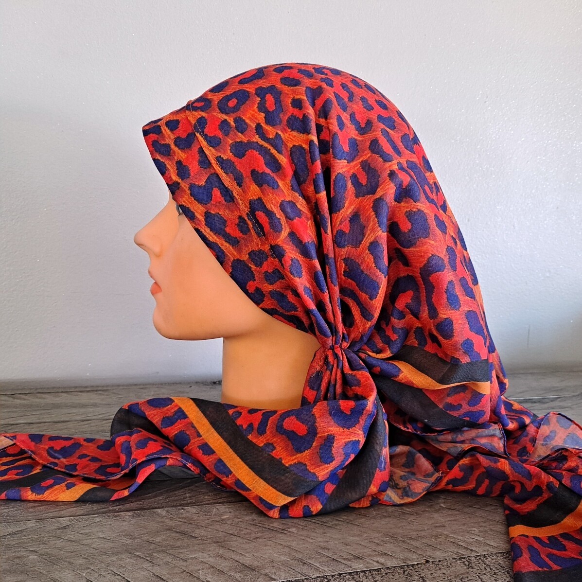 Orange leopard long back pre-tied kerchief w/band sewn in